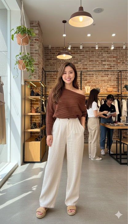 One-Shoulder Knit With Belt - Brown