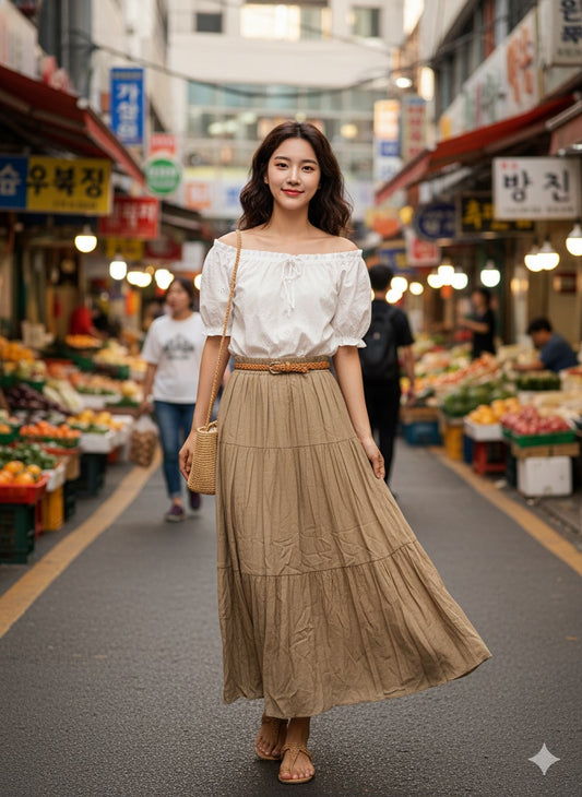 Beige Boho Tiered Long Skirt