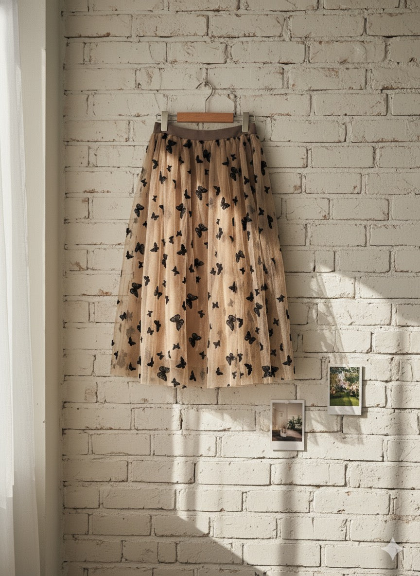 Butterfly Print Skirt - Brown