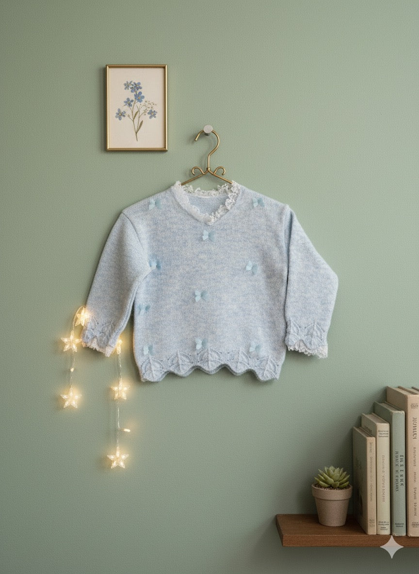 Blue fuzzy knit sweater with a scalloped hem.