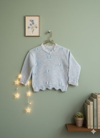 Blue fuzzy knit sweater with a scalloped hem.