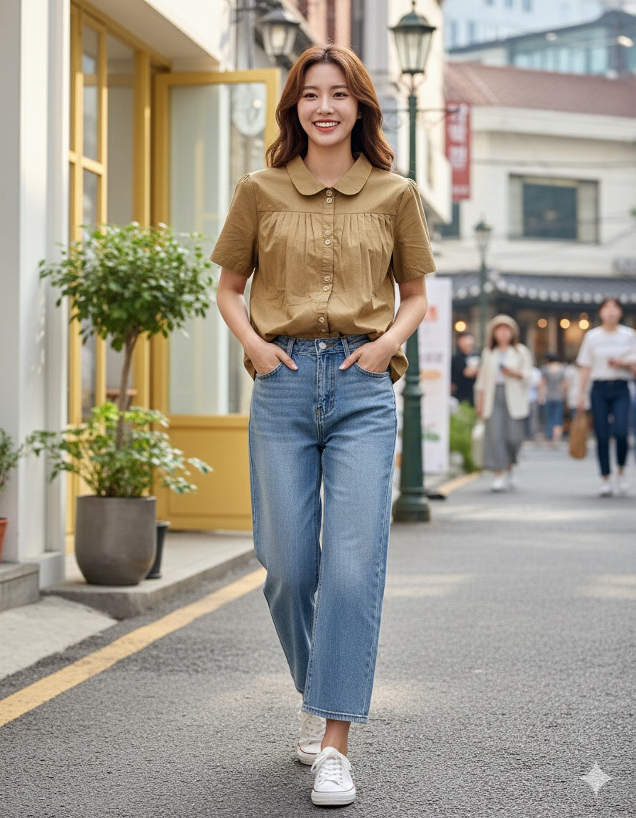 Beige Pleated Baby Doll Shirt
