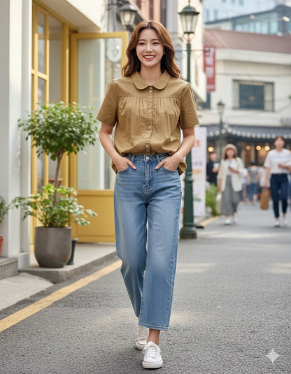 Beige Pleated Baby Doll Shirt