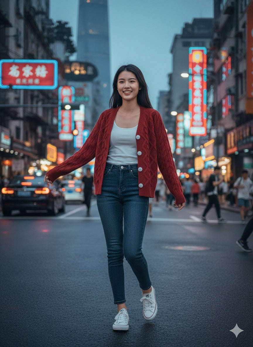 Red Cable Knit Cardigan.