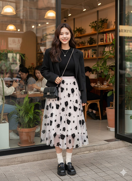 Pink Floral embroidered Tulle skirt.