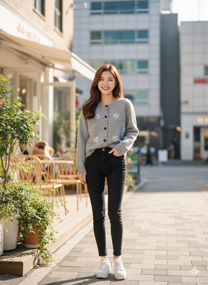 Floral Embroidered Cardigan - Ash