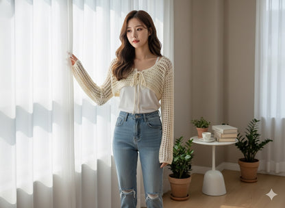 Crochet Lace-Up Shrug - Off White