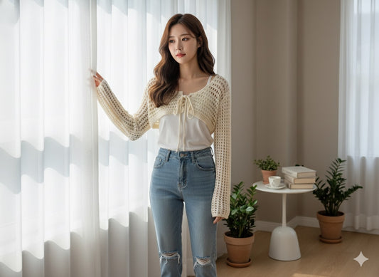 Crochet Lace-Up Shrug - Off White