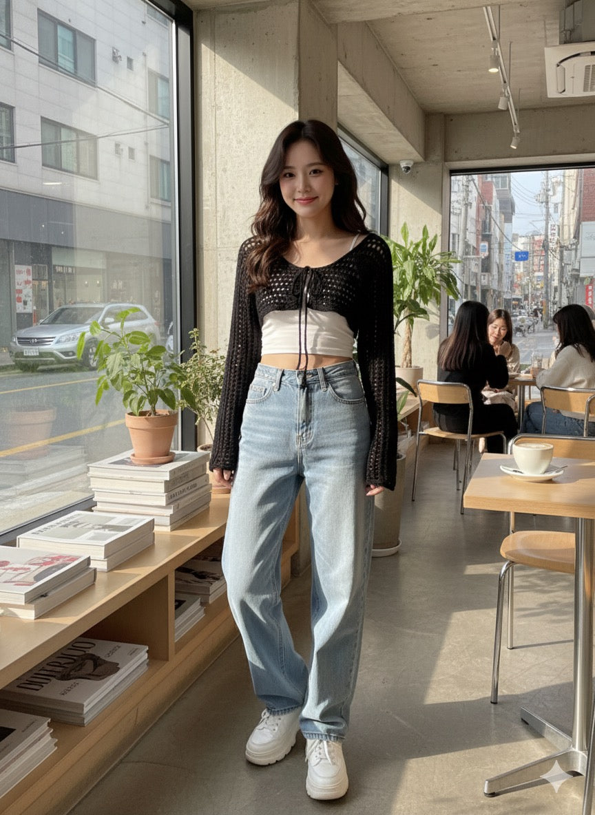 Crochet Lace-Up Shrug - Black