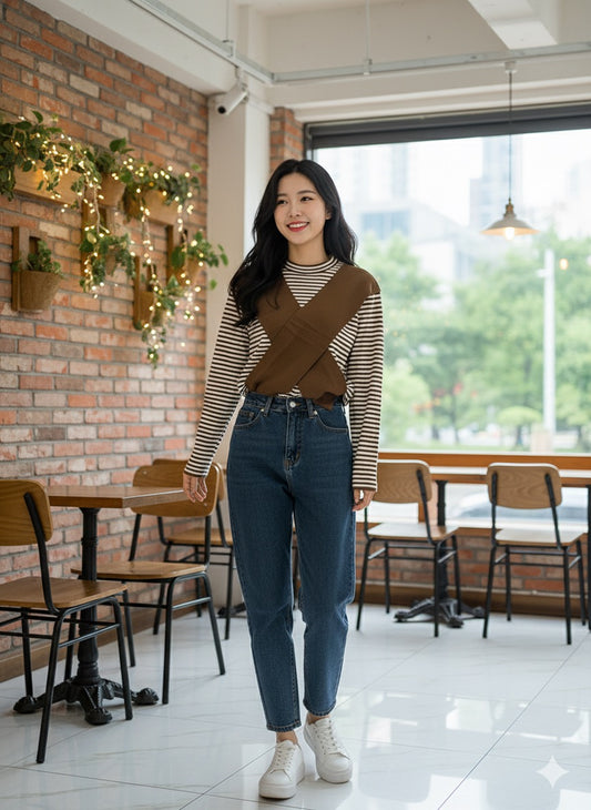 Crossover Stripped Top - Brown