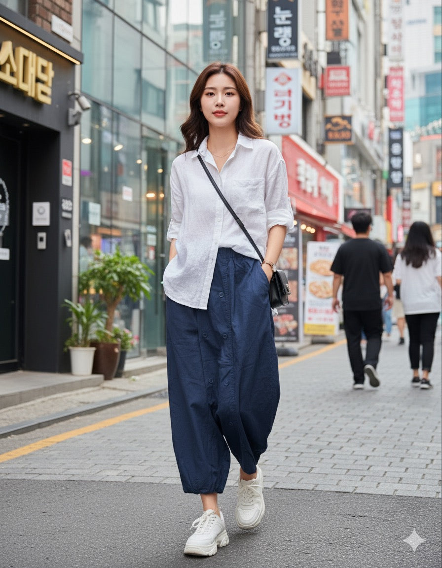 Navy Blue Boho Buttoned Drop-Crotch Pants