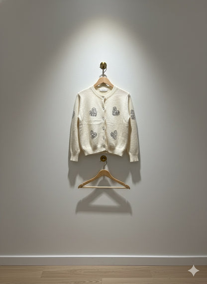 Sequin-Embellished Heart Cardigan - White