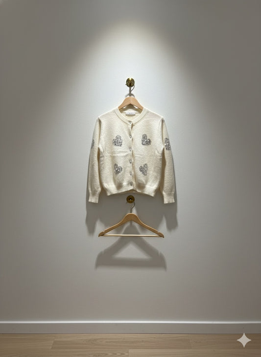 Sequin-Embellished Heart Cardigan - White