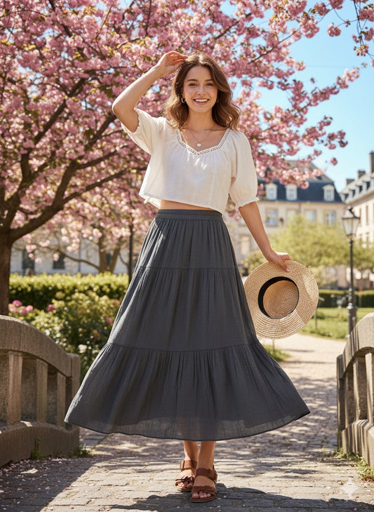 Black Boho Tiered Long Skirt