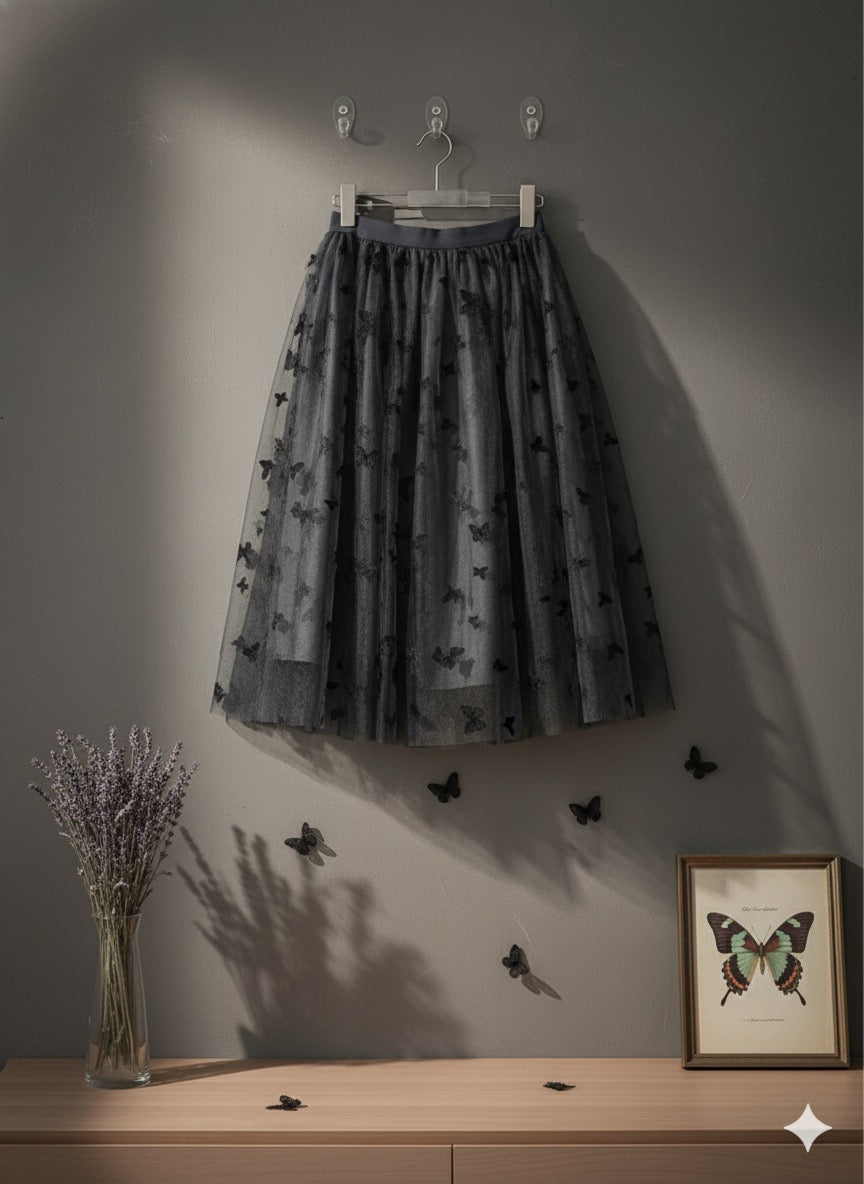 Butterfly Print Skirt - Black