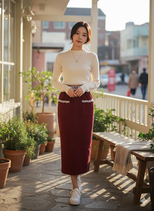 Vintage Lace Accent Skirt - Maroon