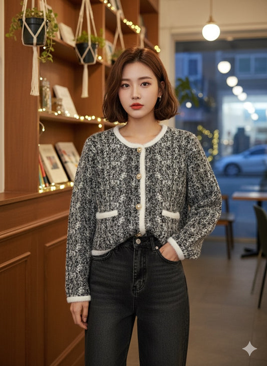 Black Chanel-Style Tweed Cardigan”,
