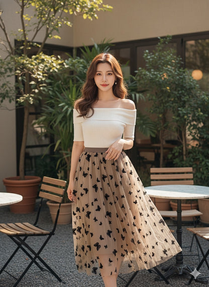 Butterfly Print Skirt - Brown