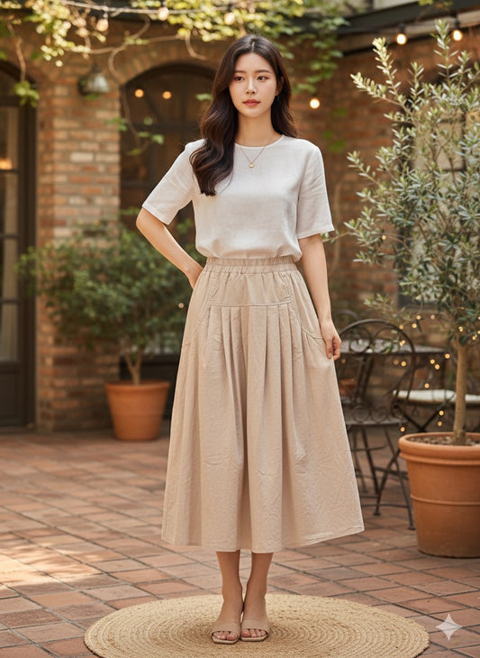 Cream Flared Skirt With Pleats