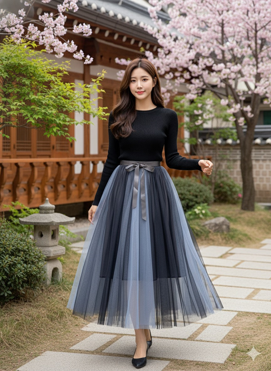 Dark Blue Layered Tulle Skirt
