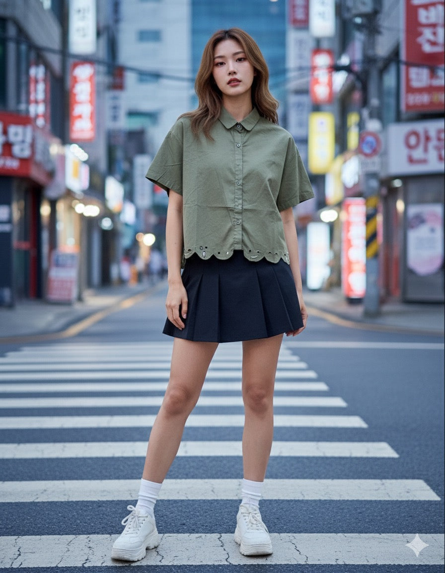 Olive Green Scallop Hem Shirt