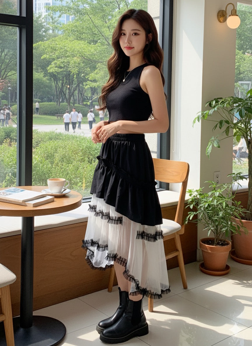 Black&White Ruffle Mesh Skirt