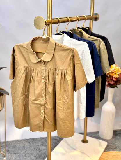 Beige Pleated Baby Doll Shirt