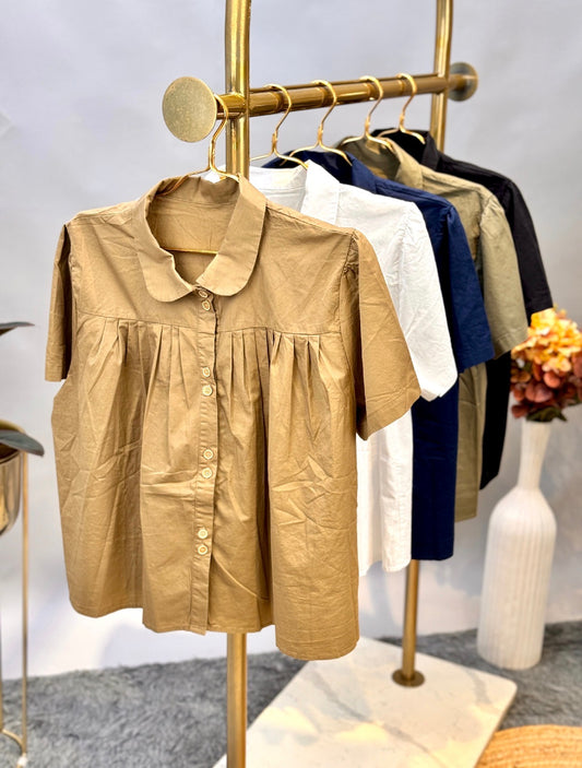 Beige Pleated Baby Doll Shirt