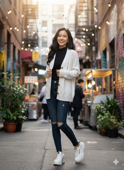 White Cable Knit Cardigan.