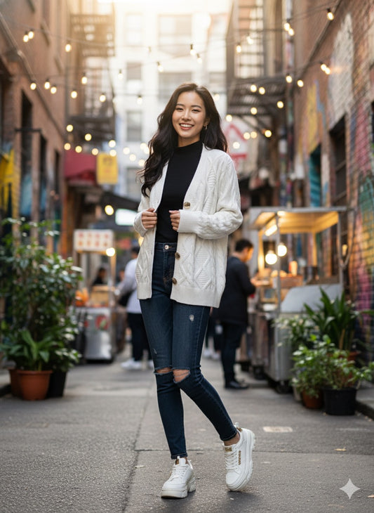 White Cable Knit Cardigan.