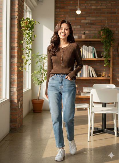 Ribbed Henley Top - Brown