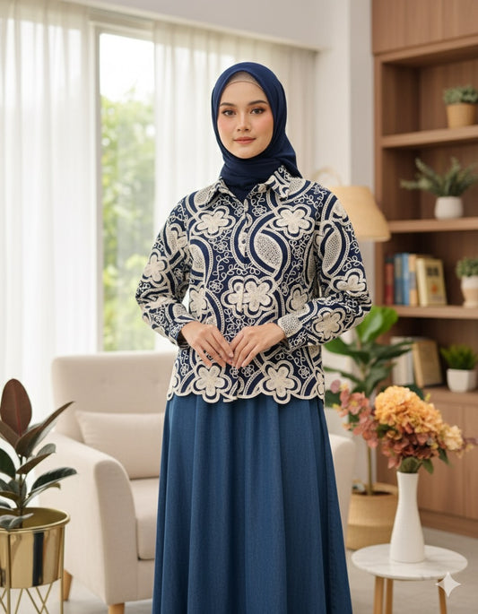 Navy Blue Floral Whisper Lace Shirt