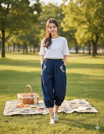 Navy Blue Embroidered Cropped Harem Pants