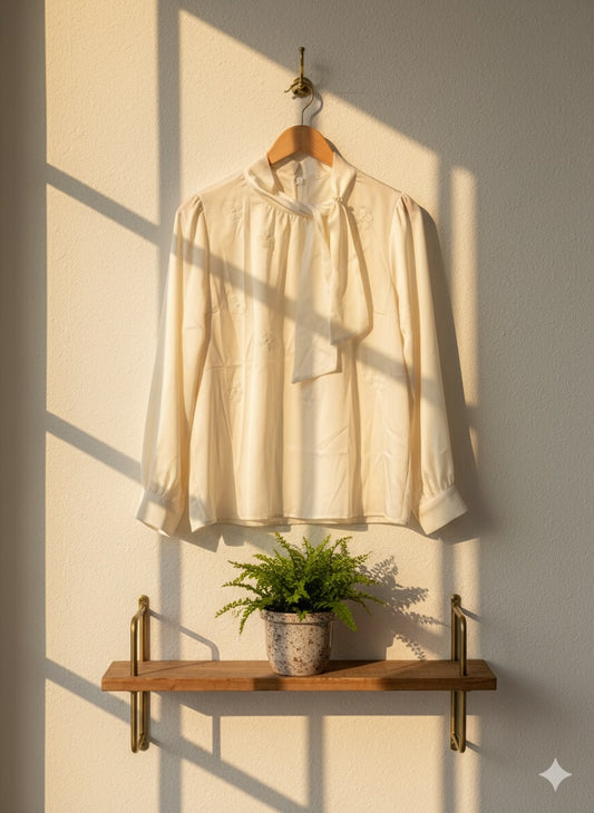 Embroidered Tie-Neck Blouse - Cream