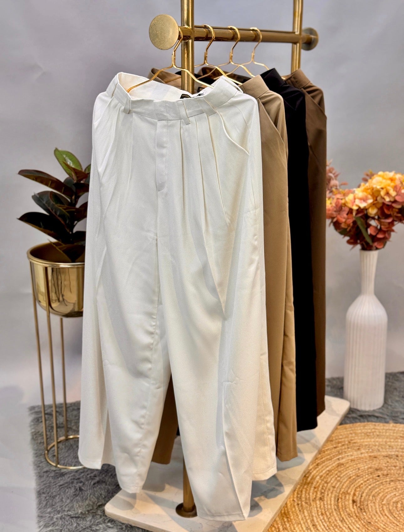 White High-Waisted Pleated Trousers