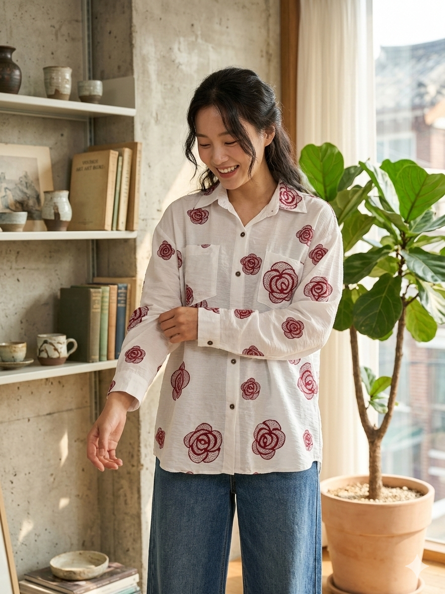Minimal Bloom Shirt - Red Floral