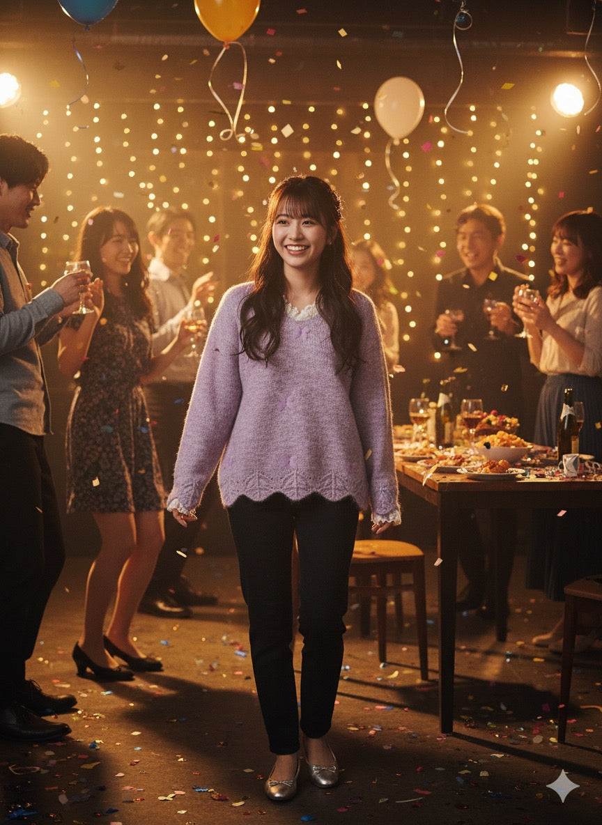 lavender fuzzy knit sweater with a scalloped hem.