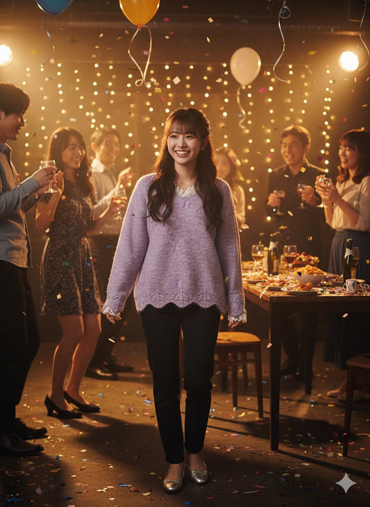 lavender fuzzy knit sweater with a scalloped hem.