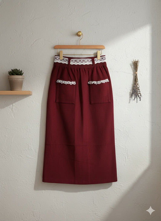 Vintage Lace Accent Skirt - Maroon