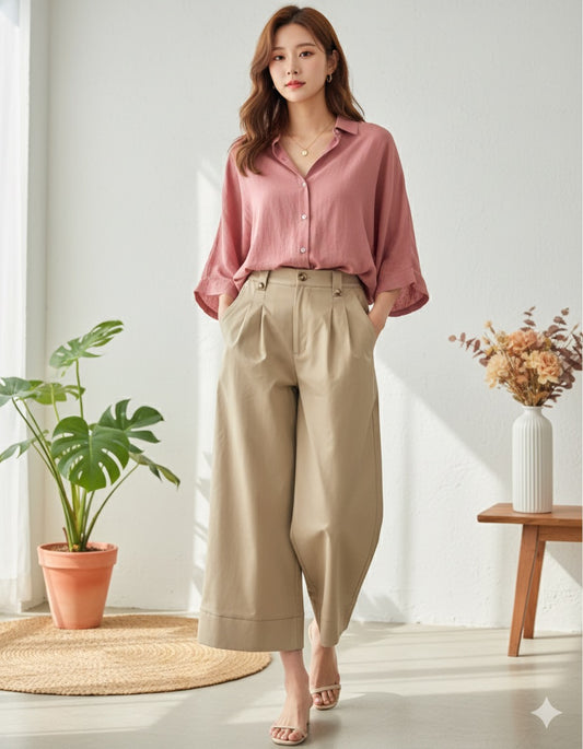Beige Korean Pleated Pants