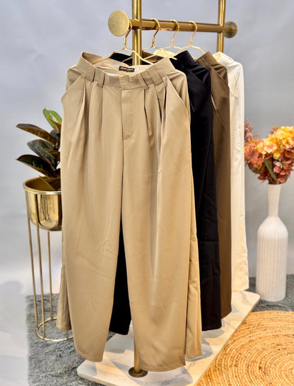 Beige High-Waisted Pleated Trousers
