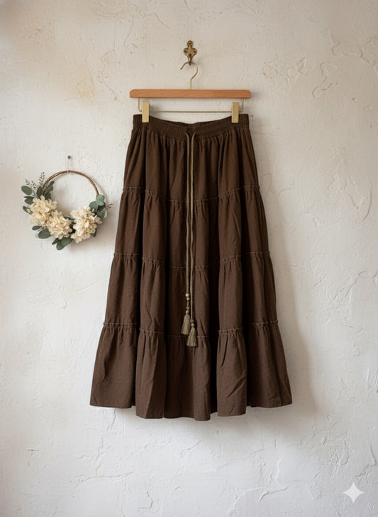Drawstring Tiered Skirt - Brown