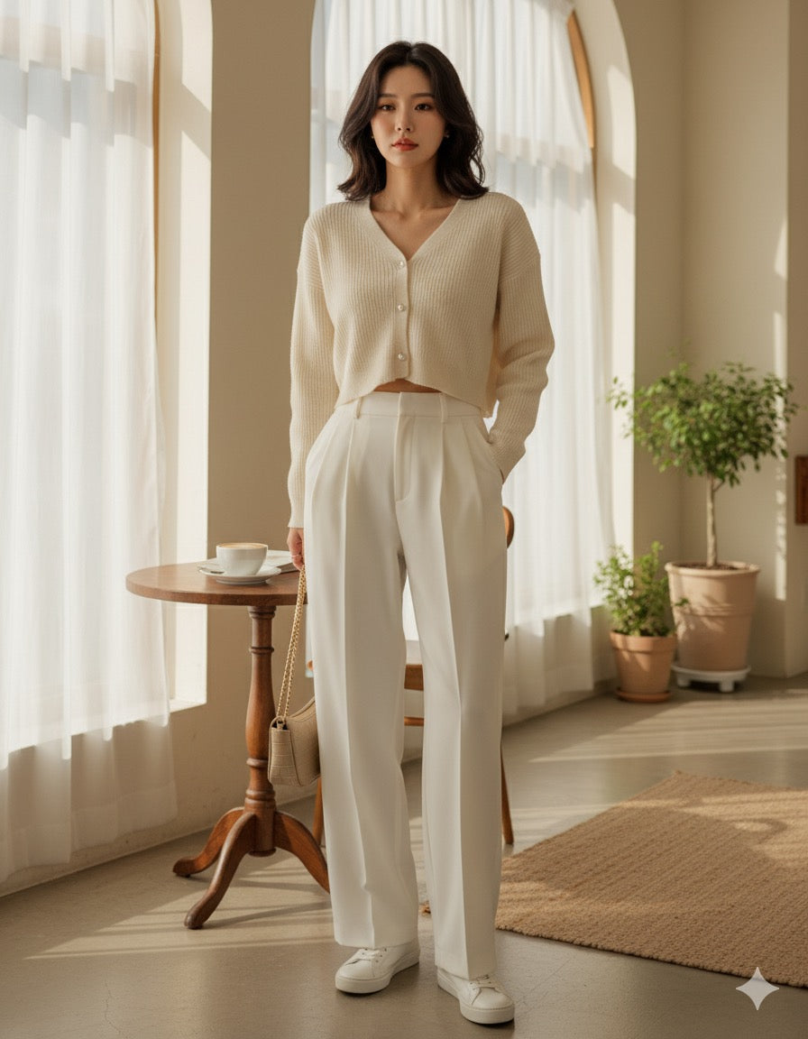 White High-Waisted Pleated Trousers