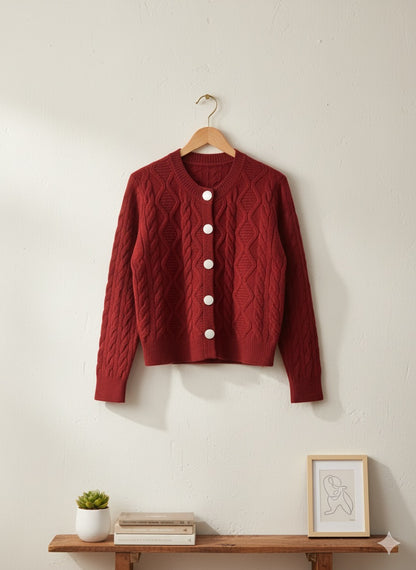Red Cable Knit Cardigan.
