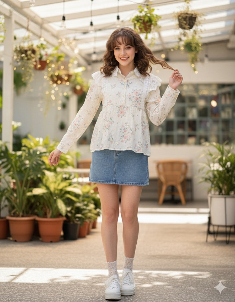 Floral Printed Lace Yolk Top