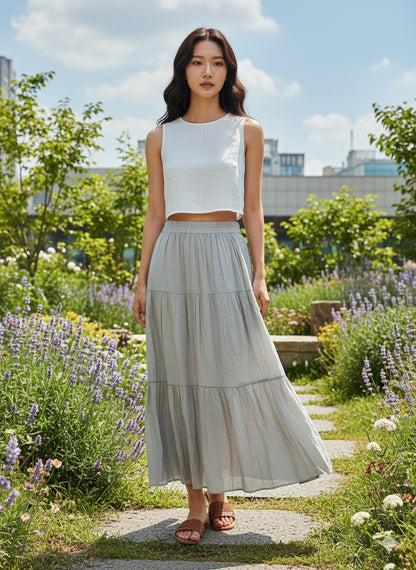 Off White Boho Tiered Long Skirt