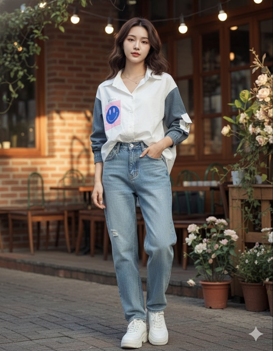 White Button Down Shirt with Denim Sleeve