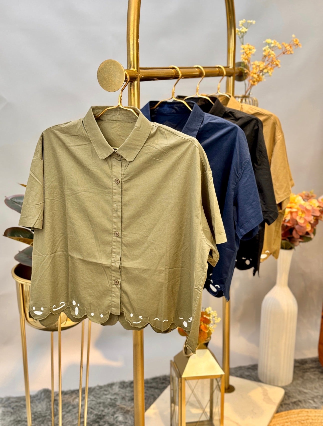 Olive Green Scallop Hem Shirt