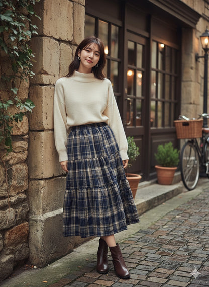 Flannel Tiered Skirt - Blue