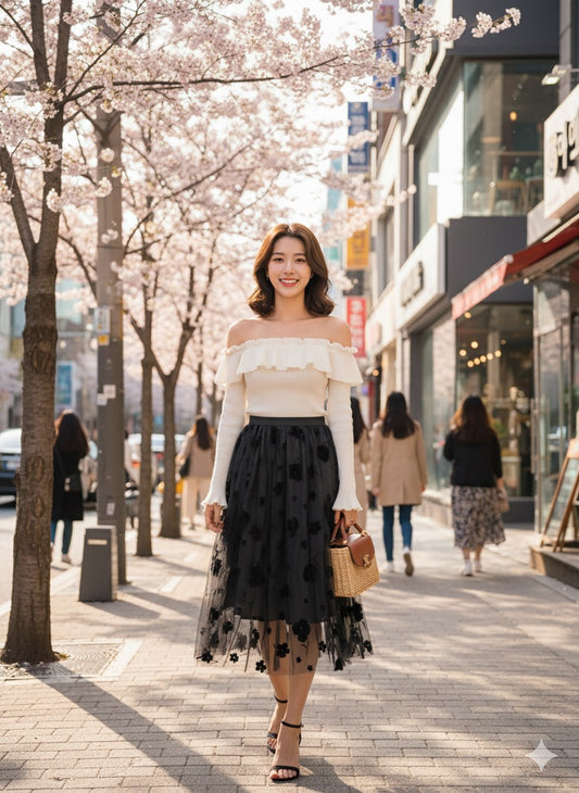 Black Floral embroidered Tulle skirt.